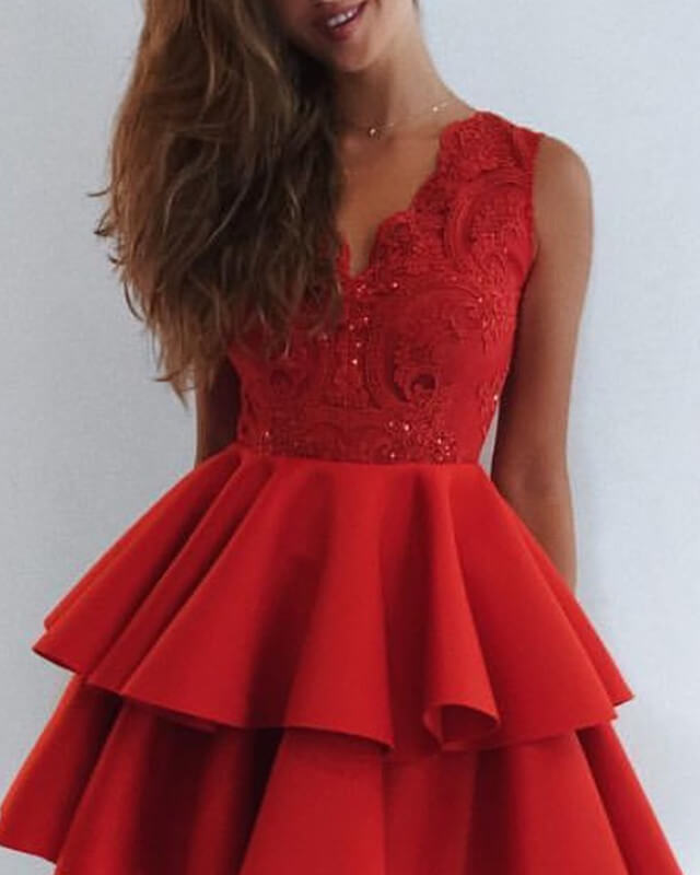 Short Red Lace V Neck Ruffles Satin Cocktail Dress