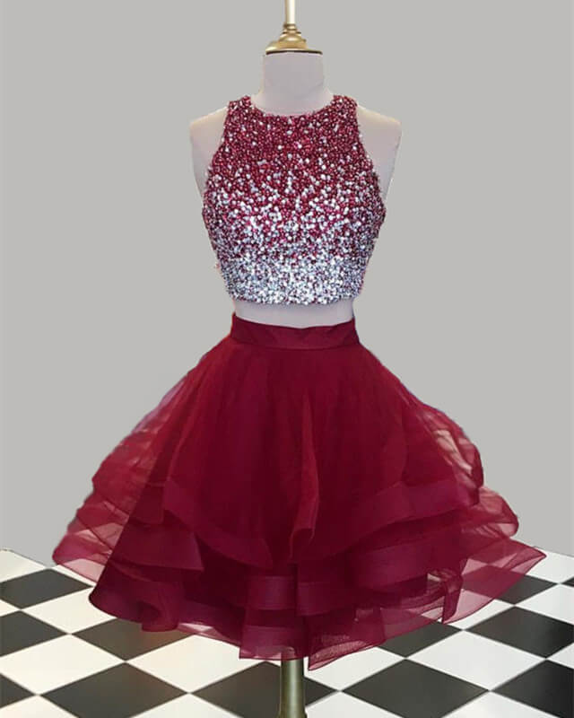Burgundy Two Piece Homecoming Dresses