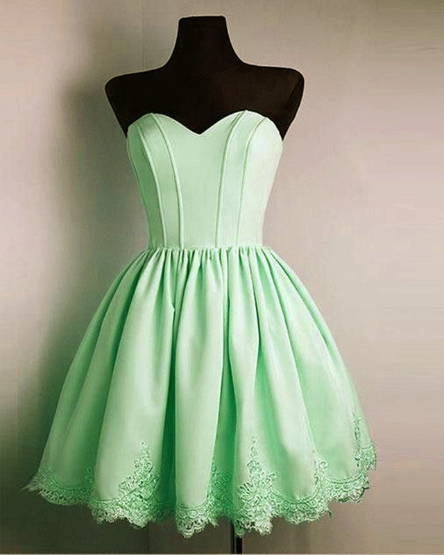 Short Light Green Satin Homecoming Dresses Lace Edge