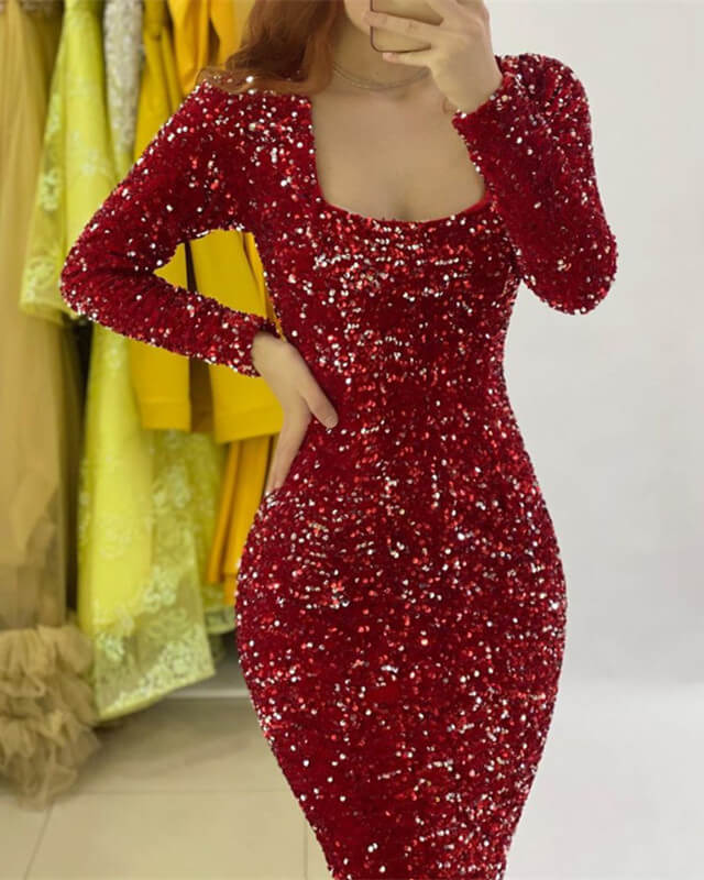 Long Sleeve Red Sequin Cocktail Dress