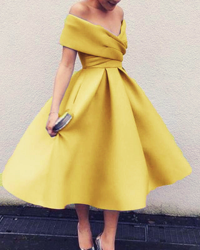 Yellow Tea Length Off The Shoulder Dress