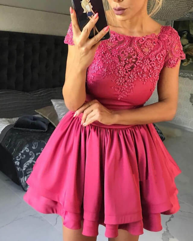 Fuchsia Satin Homecoming Dress Lace Cap Sleeve