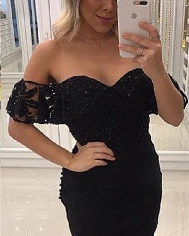 Tight Black Lace Homecoming Dress Off Shoulder
