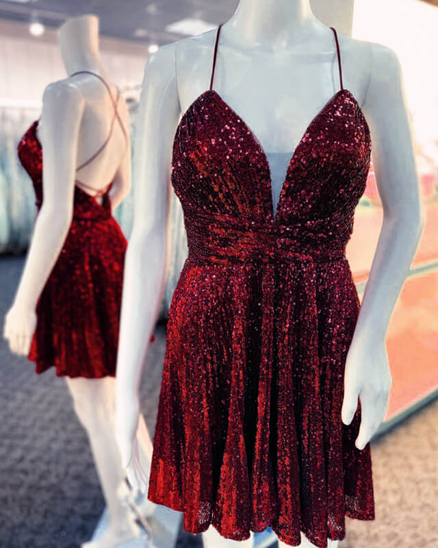 Maroon Sequin Homecoming Dress
