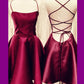 Burgundy Satin Lace-up Skater Dress With Pockets