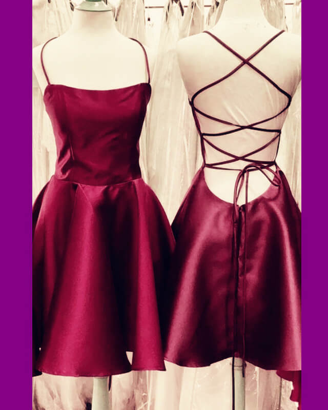 Burgundy Satin Lace-up Skater Dress With Pockets