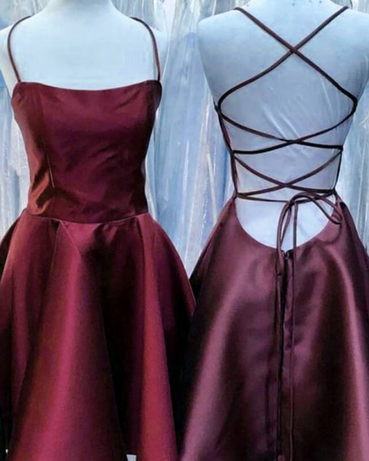 Burgundy Satin Skater Dress Homecoming