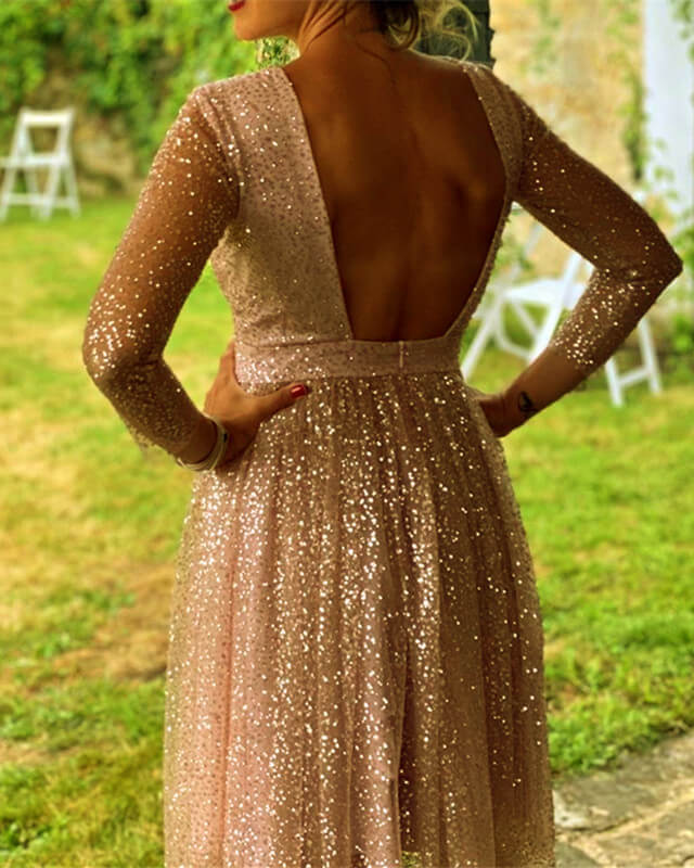 Rose Gold Sparkly Homecoming Dress With Sleeve