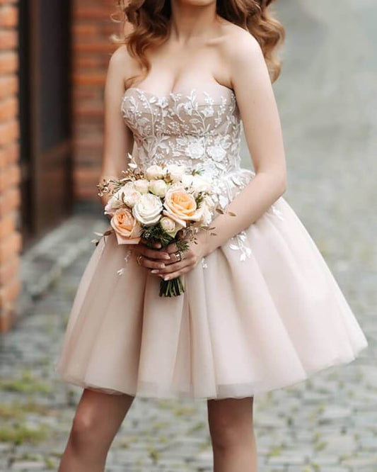 Champagne Tulle Homecoming Dress Lace Embroidery Sweetheart