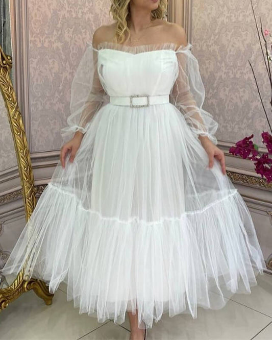 White Tiered Tulle Off The Shoulder Long Sleeve Midi Dress