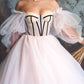 Beige Tulle Puffy Sleeve Ball Gown Corset Dress