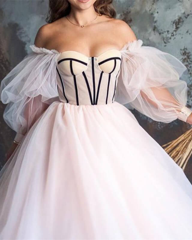Beige Tulle Puffy Sleeve Ball Gown Corset Dress