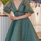 Puffy Sleeves Lace V Neck Cottagecore Midi Dress