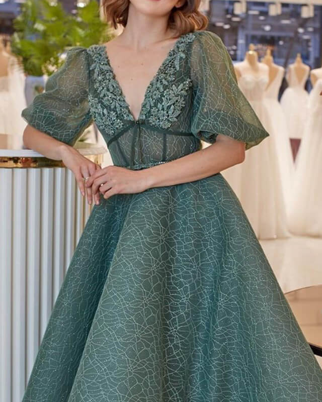 Puffy Sleeves Lace V Neck Cottagecore Midi Dress