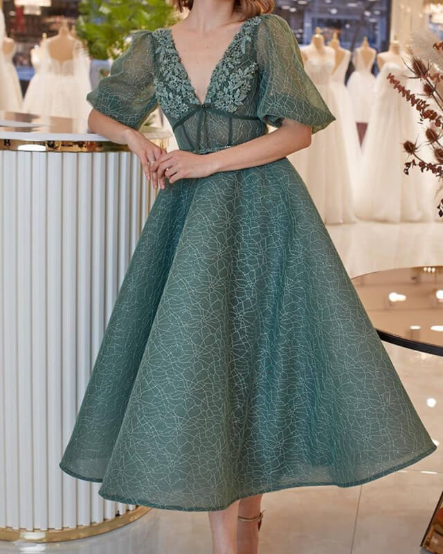 Puffy Sleeves Lace V Neck Cottagecore Midi Dress
