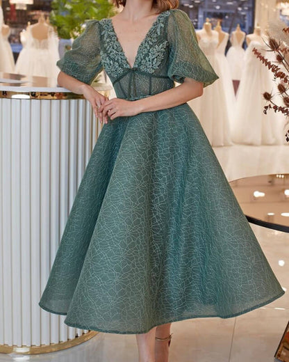 Puffy Sleeves Lace V Neck Cottagecore Midi Dress