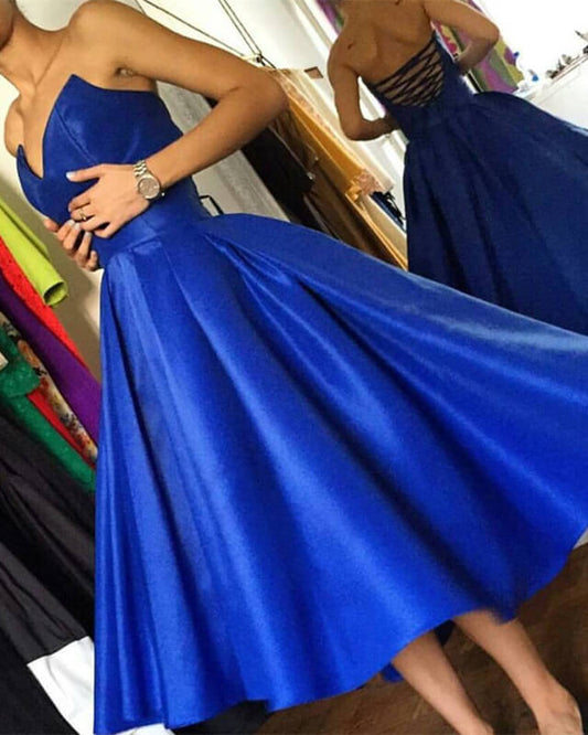 Royal Blue V-neck Corset Back Satin Dress