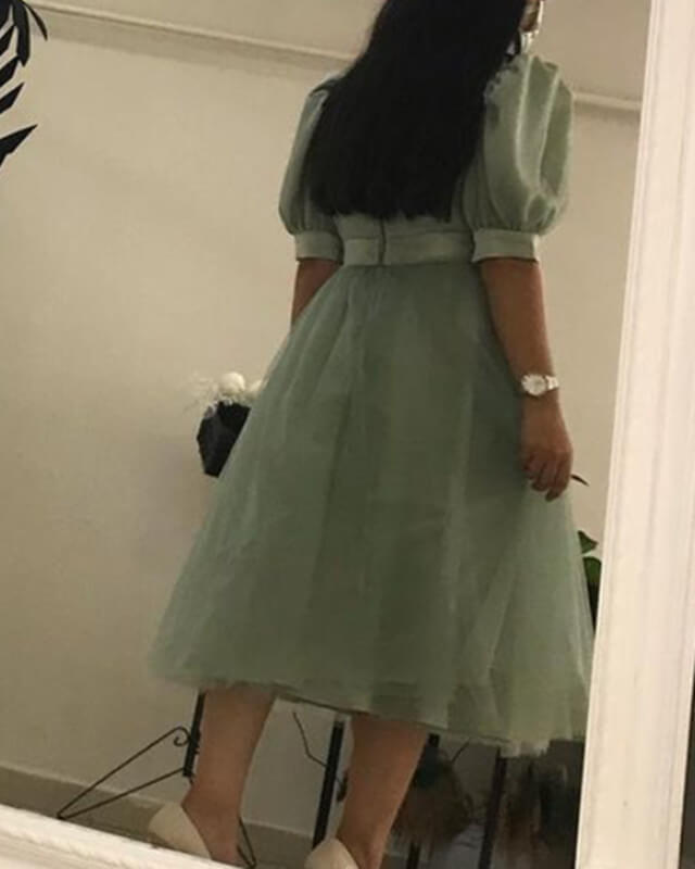 Sage Tulle V-neck Puffy Sleeve Cottagecore Dress
