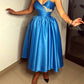 Dark Blue Satin Strapless Tea Length Dress