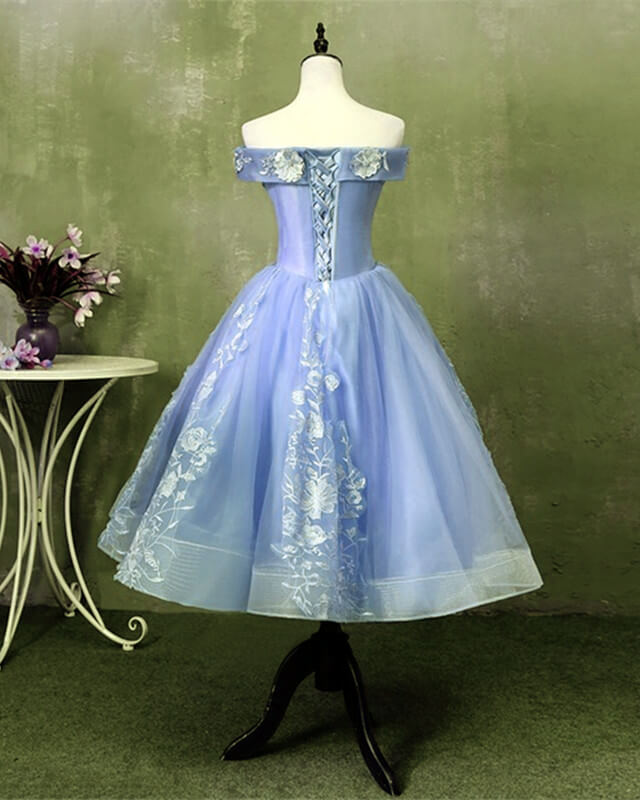 Ball Gown Tea Length Off The Shoulder Embroidery Dress