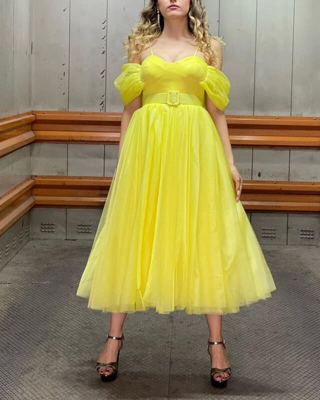 Yellow Tulle Midi Prom Dress