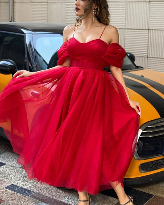 Red Midi Tulle Prom Dress