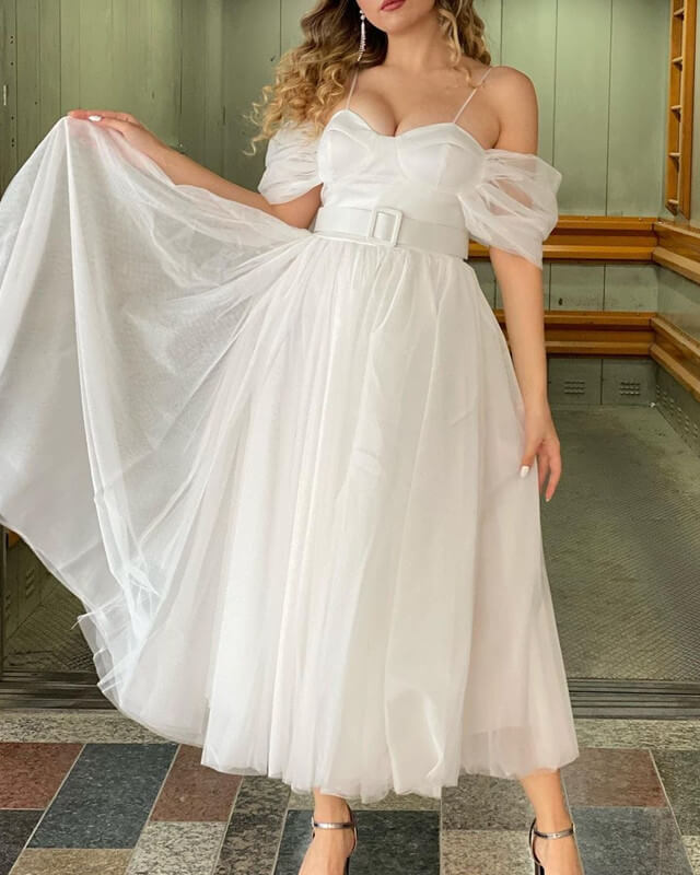 White Tulle Prom Midi Dress