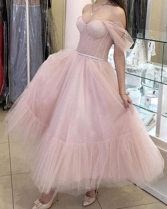 Pink Midi Tulle Ball Gown
