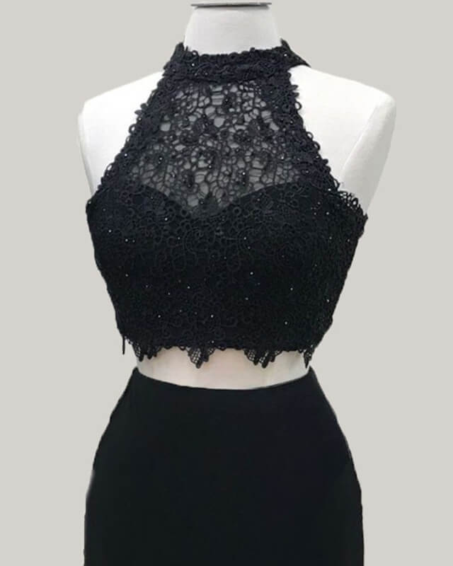 Two Piece Black Homecoming Dress Lace Crop Top