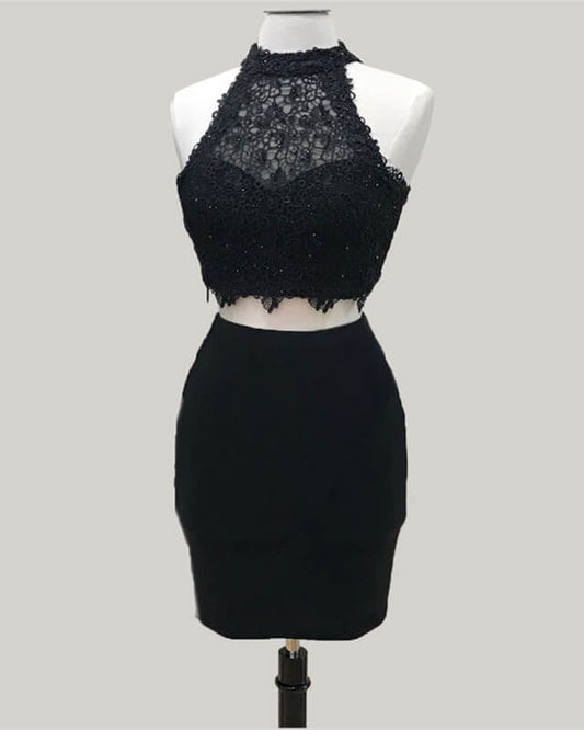 Two Piece Black Homecoming Dress Lace Crop Top