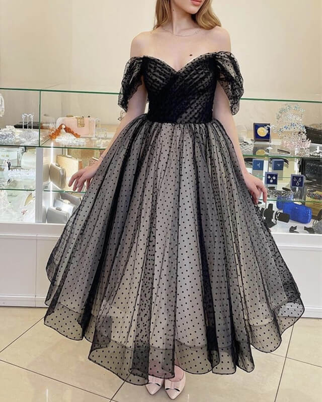 Black And Nude Tulle Tea Length Ball Gown