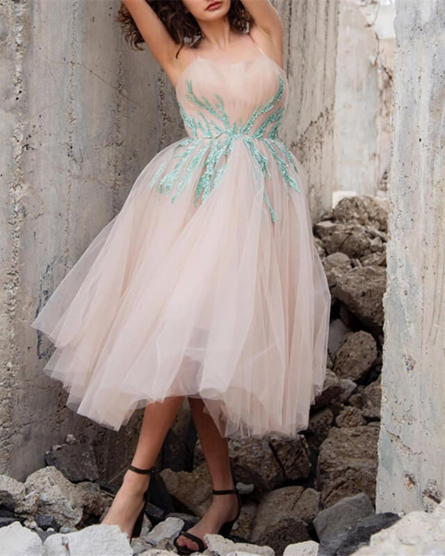 Nude Tulle Sweetheart Embroidery Tea Length Ball Gown