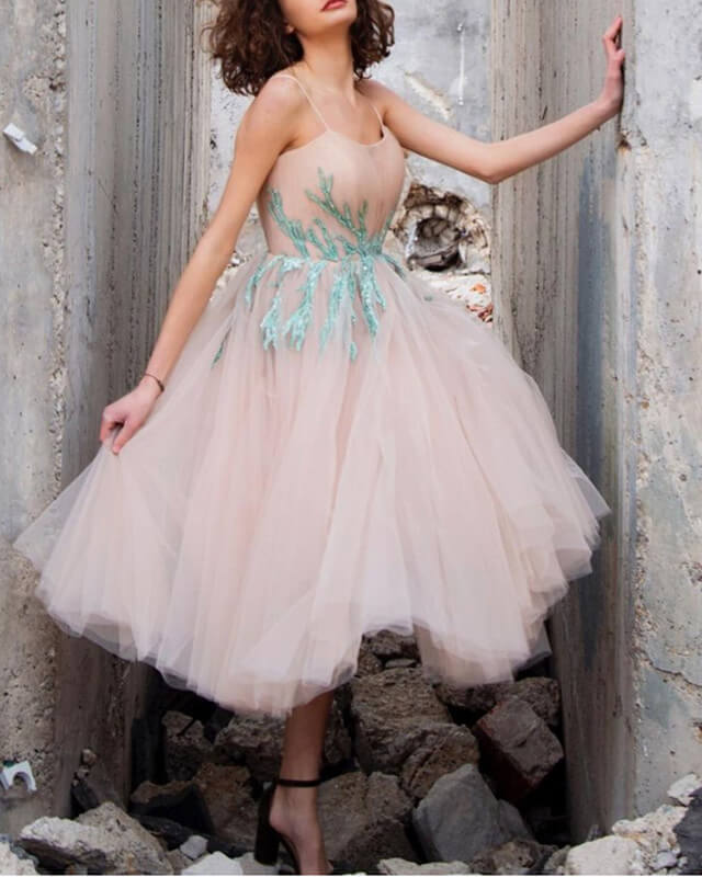 Nude Tulle Tea Length Ball Gown