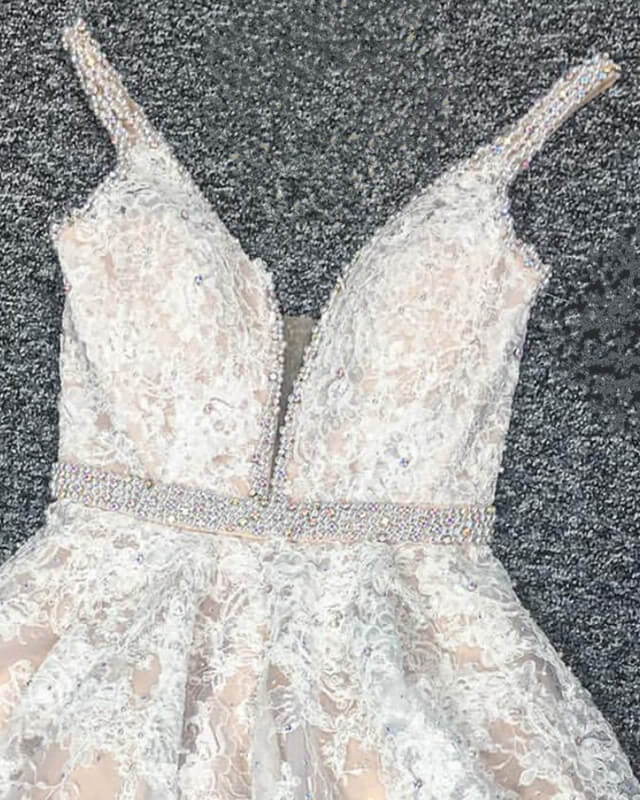 Ivory Lace Plunging V-neck Homecoming Dress
