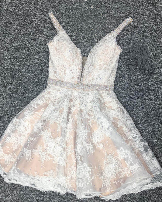 Ivory Lace Plunging V-neck Homecoming Dress