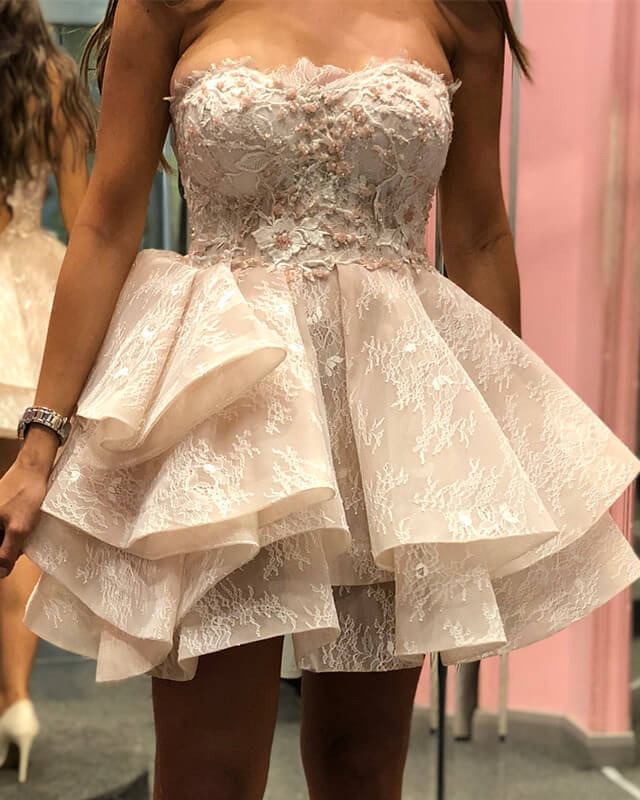 Cream Floral Lace Sweetheart Ruffles Homecoming Dress