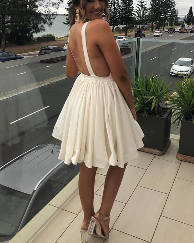 Short White Plunging Neck Cocktail Dress