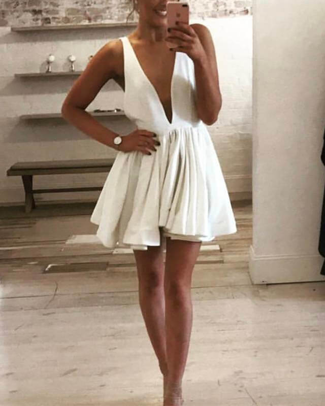 Short White Plunging Neck Cocktail Dress