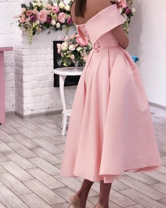 Blush Satin Off The Shoulder Tea Length Party Dress