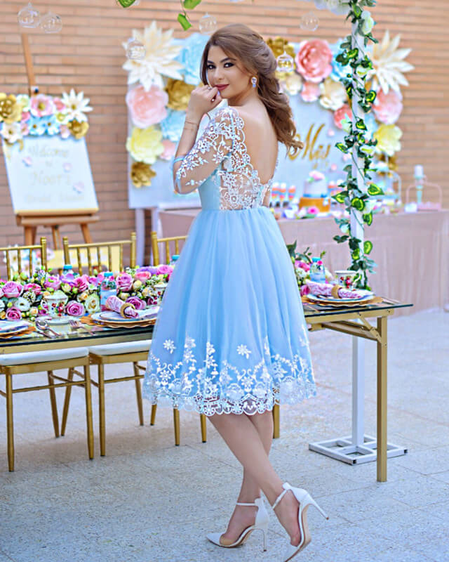 Light Blue Lace Open Back Knee Length Tulle Dress