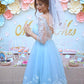 Light Blue Lace Open Back Knee Length Tulle Dress
