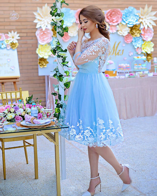 Light Blue Lace Open Back Knee Length Tulle Dress