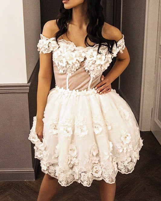 Off The Shoulder Sheer Bodice 3D Lace Embroidery Dress