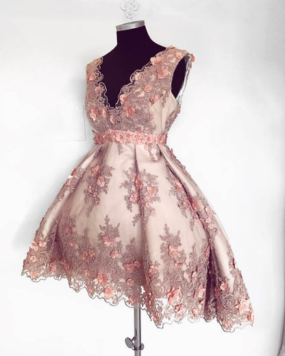 Short Blush Lace Flowers Embroidery V-neck Cocktail Dress