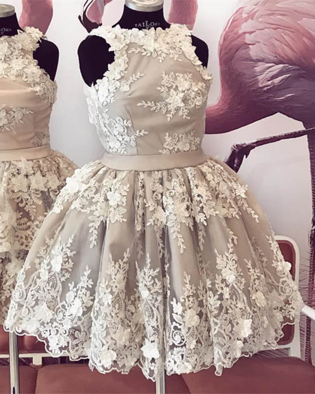 Nude Halter Homecoming Dress With Ivory Lace Flowers