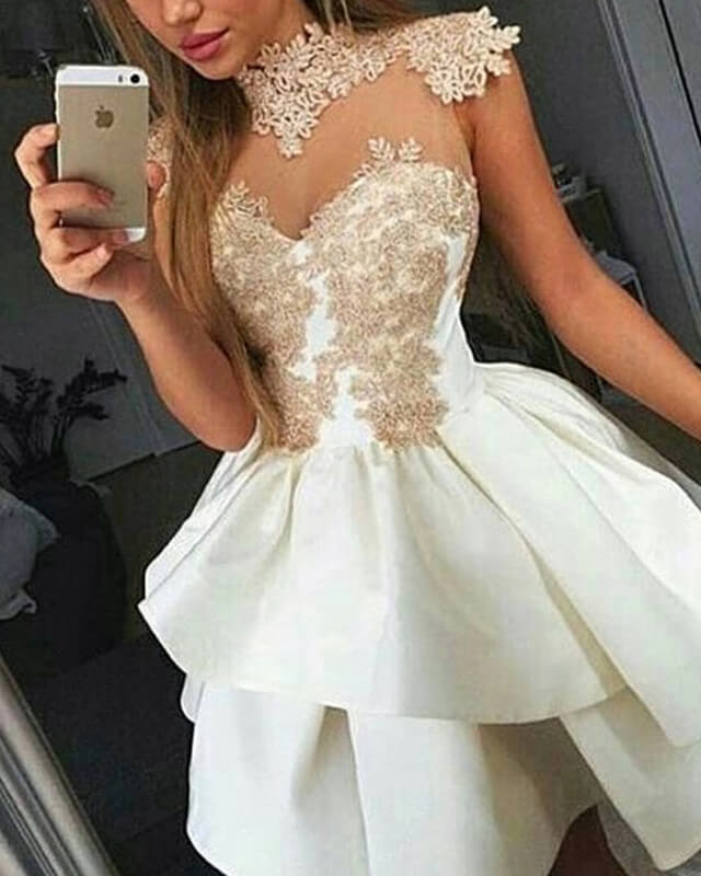 White Satin Ruffles Homecoming Dress With Cream Lace