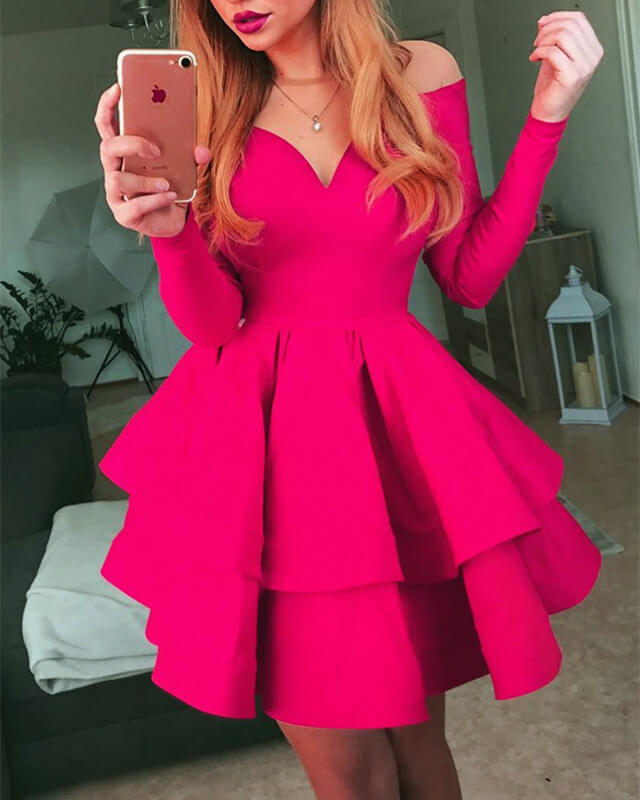 Red Sheer Neck Long Sleeve Prom Short Dress