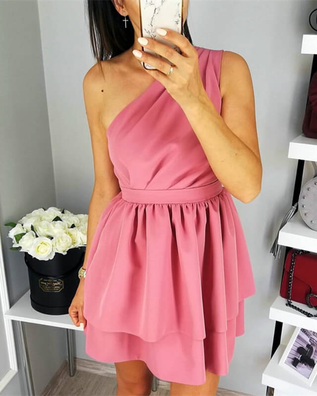 Teal One Shoulder Satin Homecoming Dress