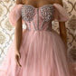 Pink Tulle Beaded Corset Off The Shoulder Midi Dress
