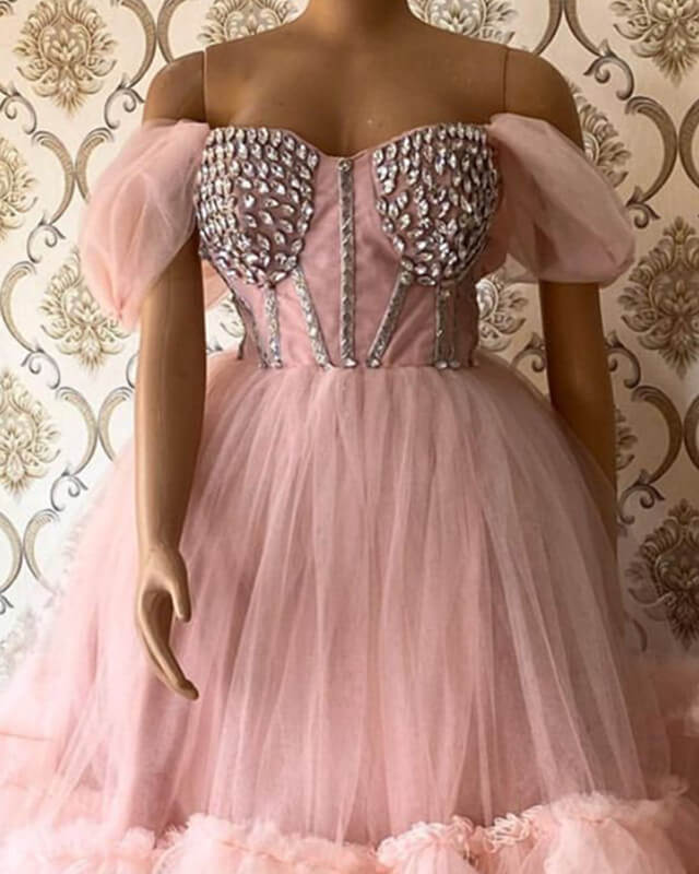 Pink Tulle Beaded Corset Off The Shoulder Midi Dress